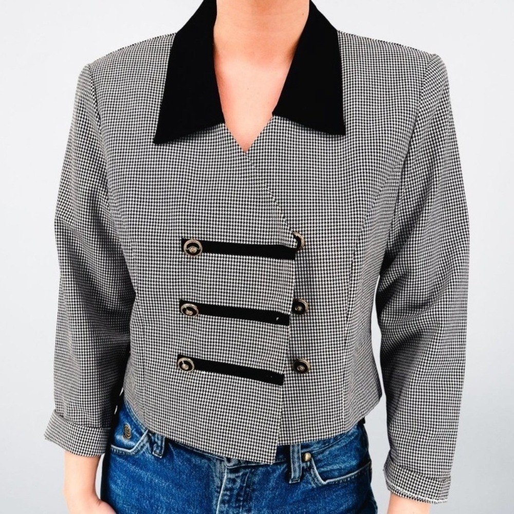 Sheri Martin Vintage Houndstooth Cropped Blazer Velvet Collar Black White 14P - Picture 3 of 8